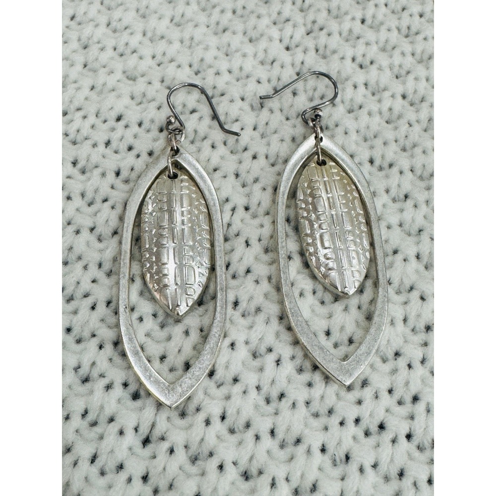 Silver Tone Textured Marquise Double Drop Dangle Earrings Modernist Jewelry